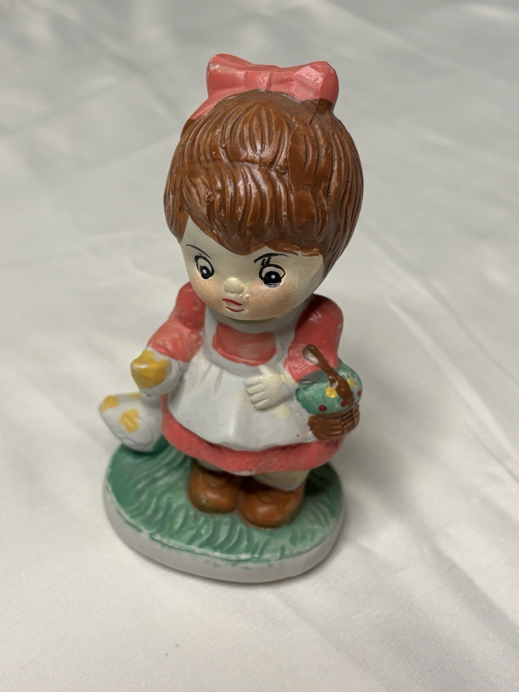 Vintage Mid-Century Hand-Painted Ceramic Girl with Flower Basket and Duck Figure