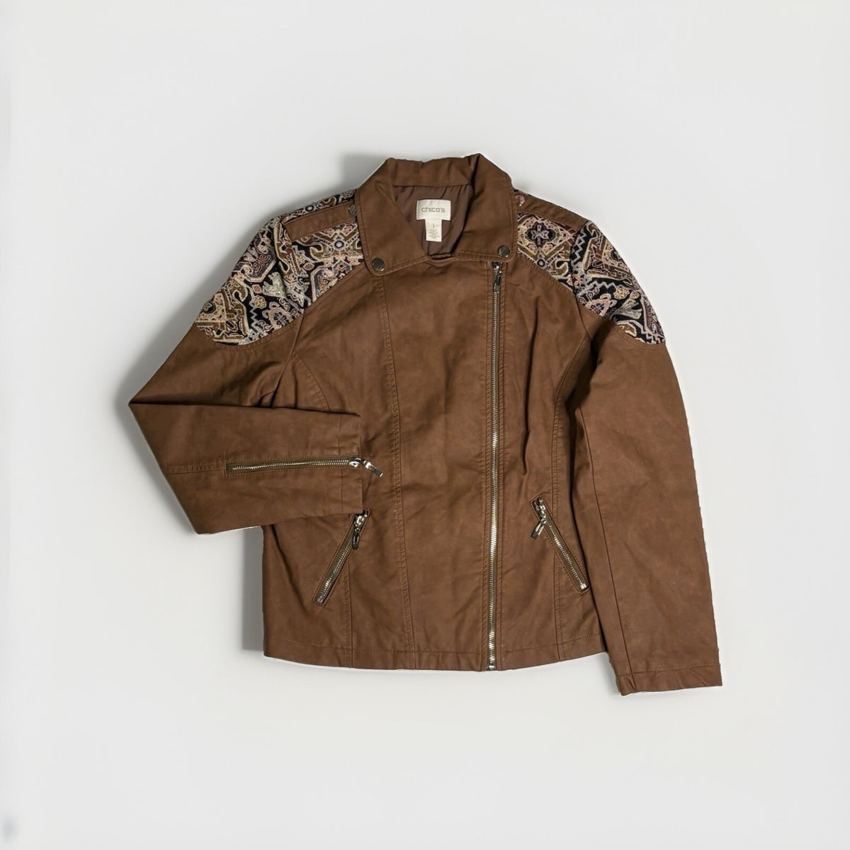 Chico's 1 Jacquard Moto Jacket Large Brown Faux Leather
