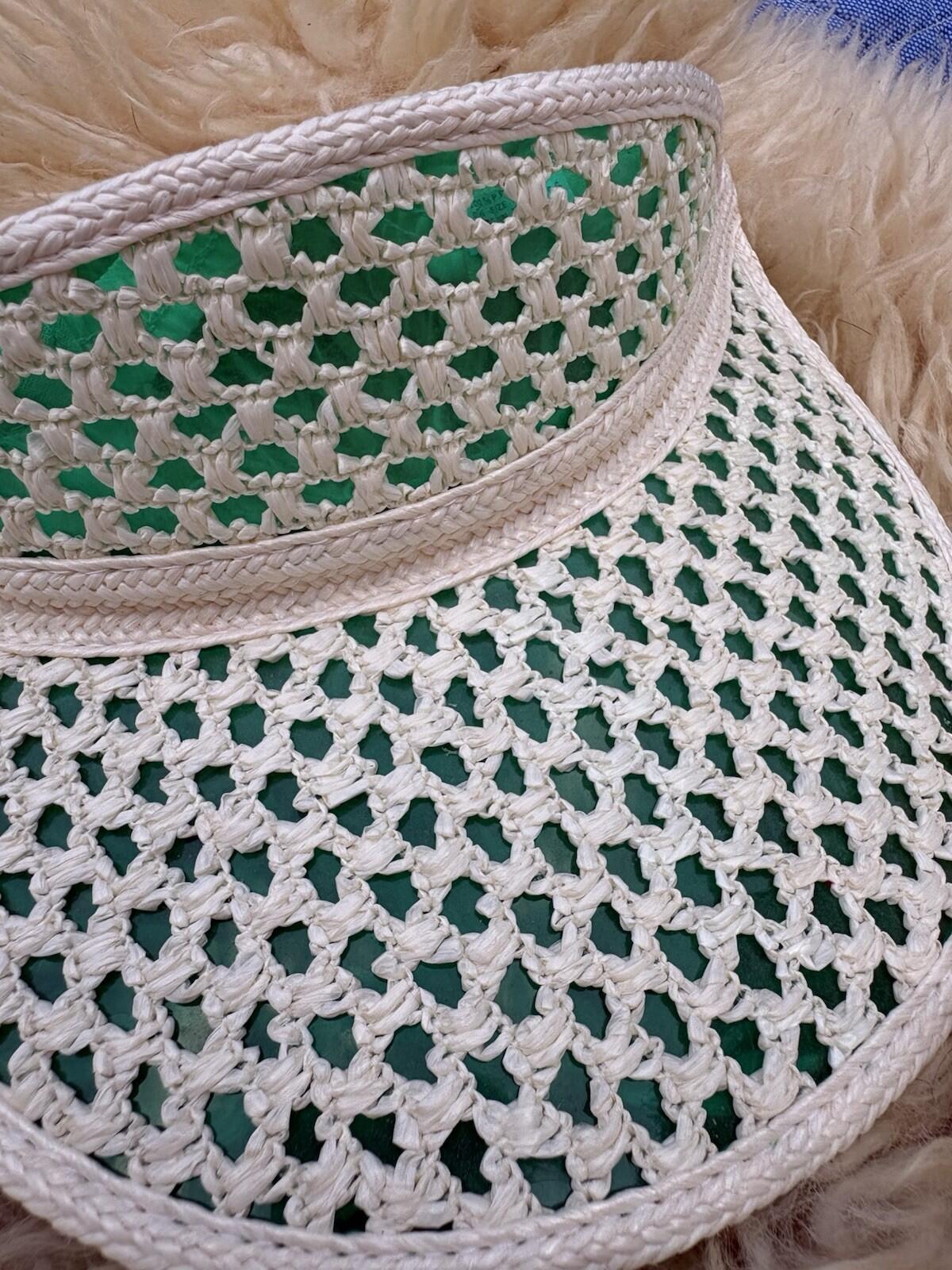Vintage White and Green Crochet Golf Visor Adjustable One-Do