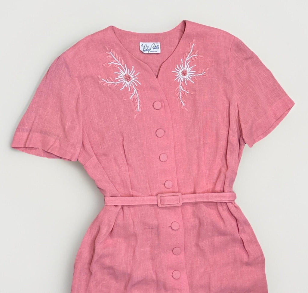 Vintage A Lady Petite Fashion Pink Embroidered Belted Midi/5