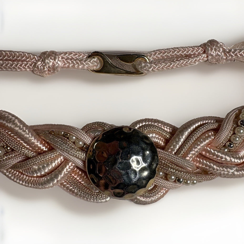 Vintage 80s Pink Braided Satin Belt with Faux Pearls & Gold-