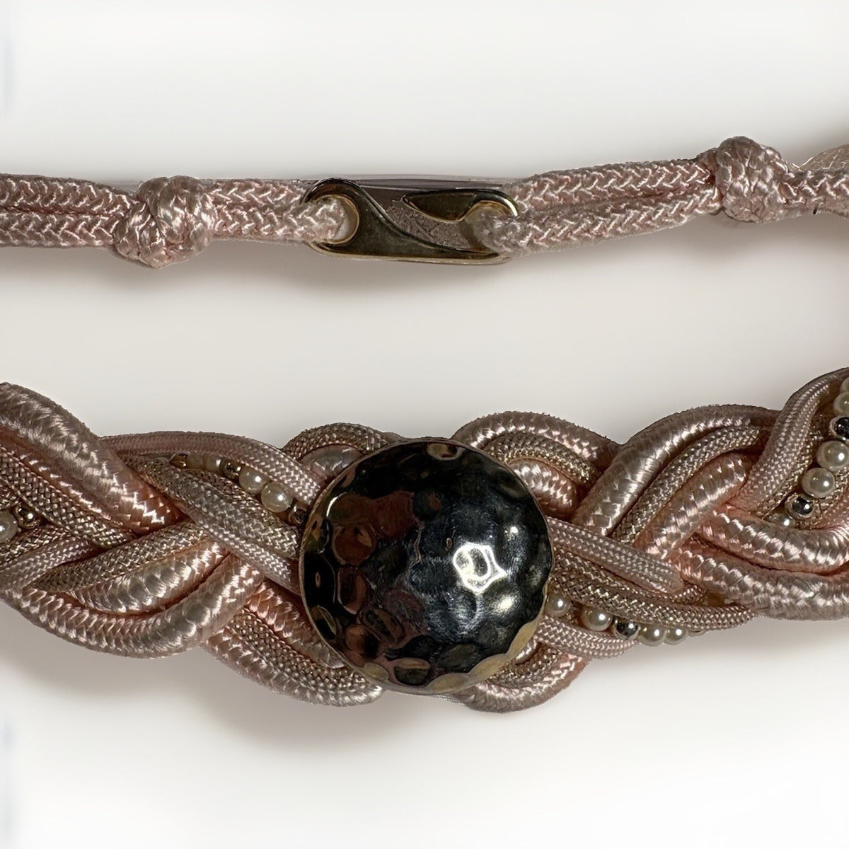 Vintage 80s Pink Braided Satin Belt with Faux Pearls & Gold-
