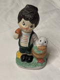 Vintage Mid-Century Hand-Painted Ceramic Boy Figurine with Basket and White Cat