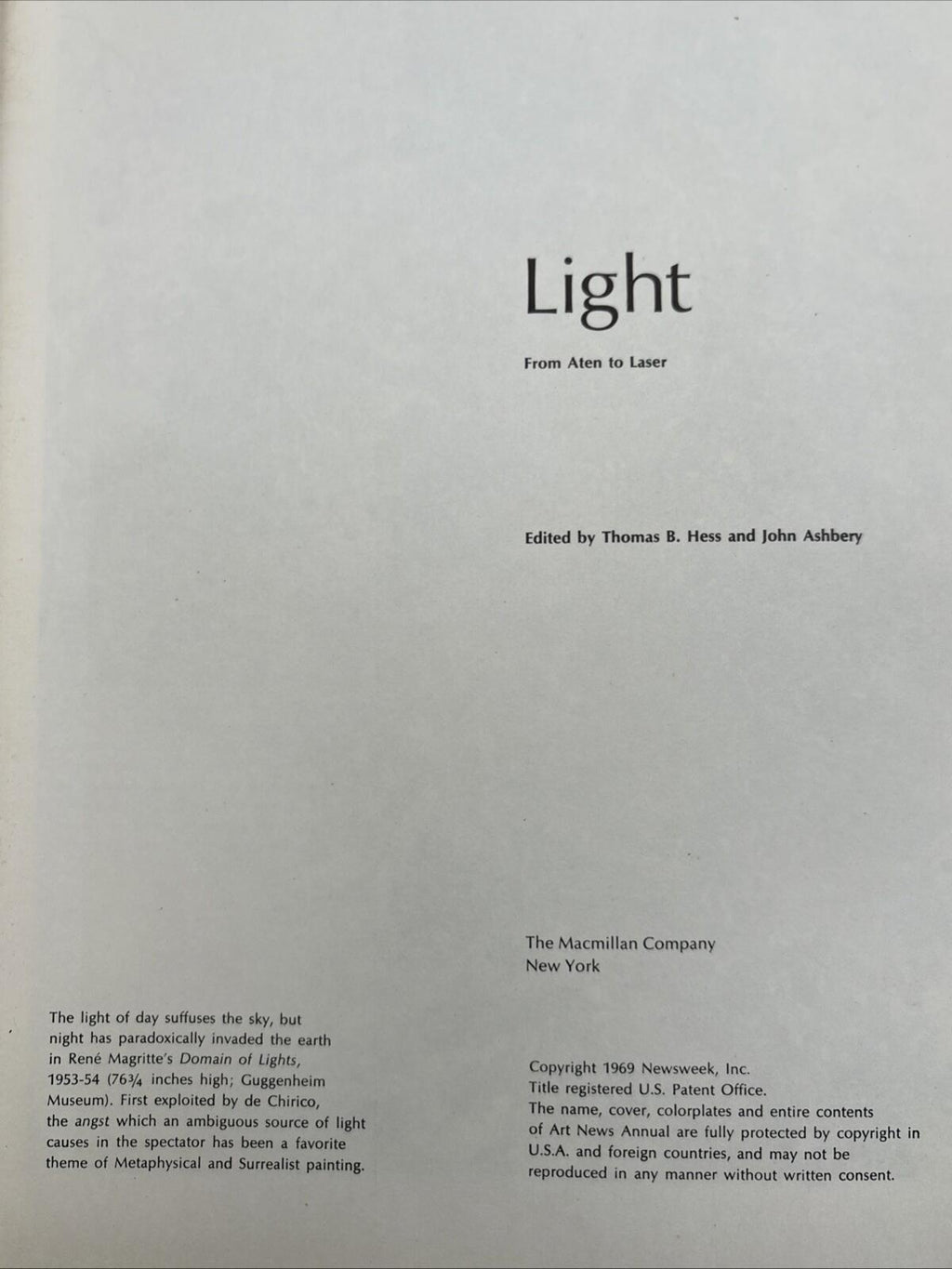 Vintage 1969 Hardcover Book "Light" Edited by Thomas B. Hess & John Ashbery
