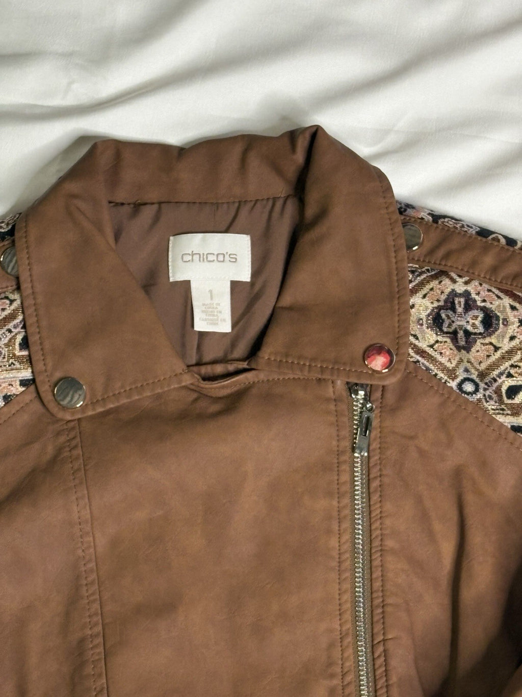 Chico's 1 Jacquard Moto Jacket Large Brown Faux Leather