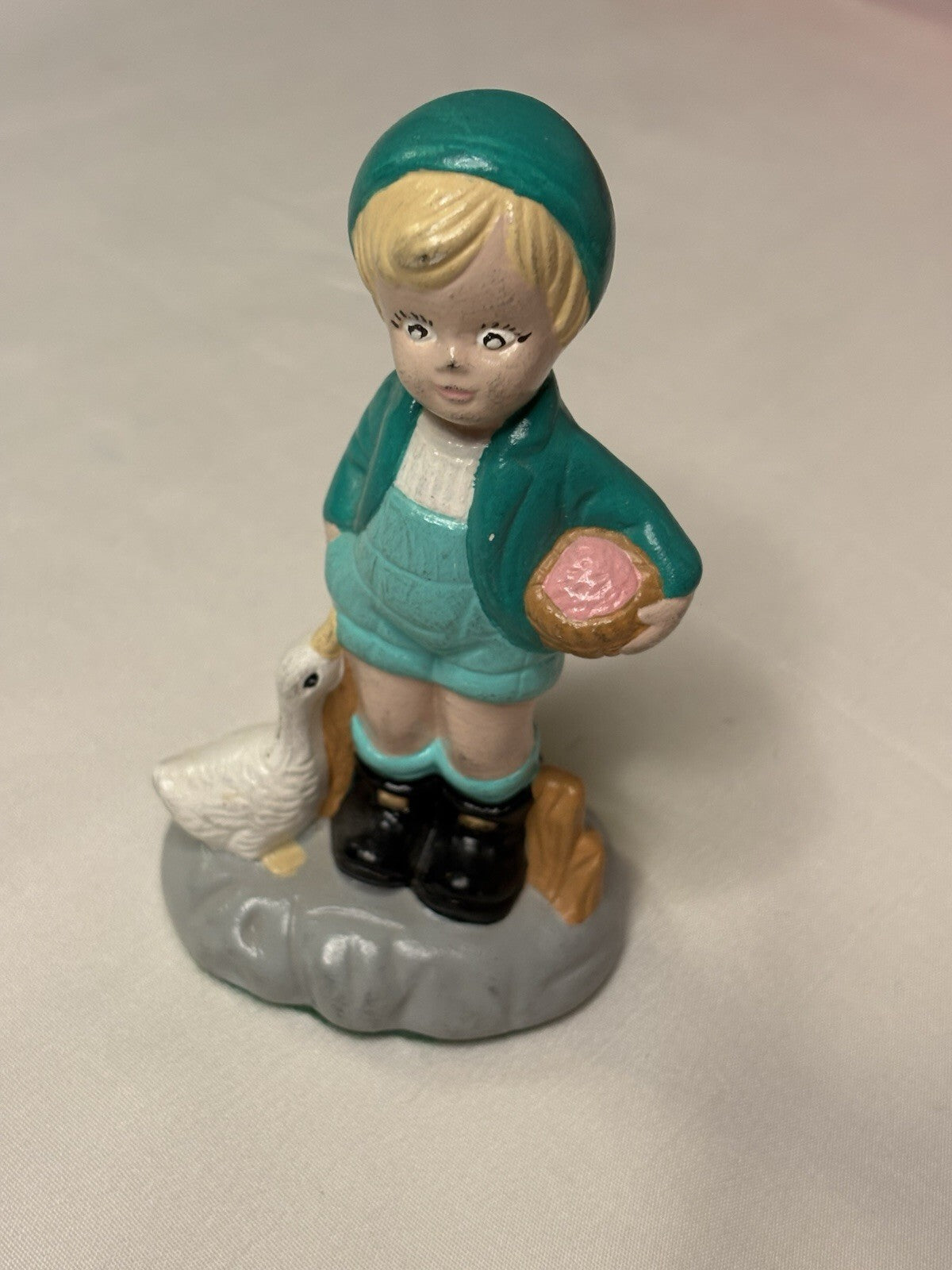 Vintage Mid-Century Porcelain Figurine of Country Boy with Goose and Basket