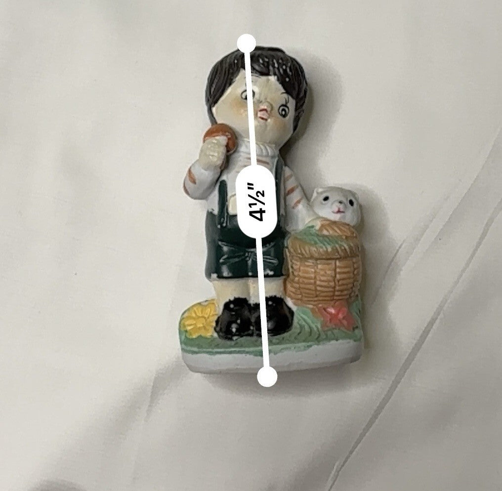 Vintage Mid-Century Hand-Painted Ceramic Boy Figurine with Basket and White Cat