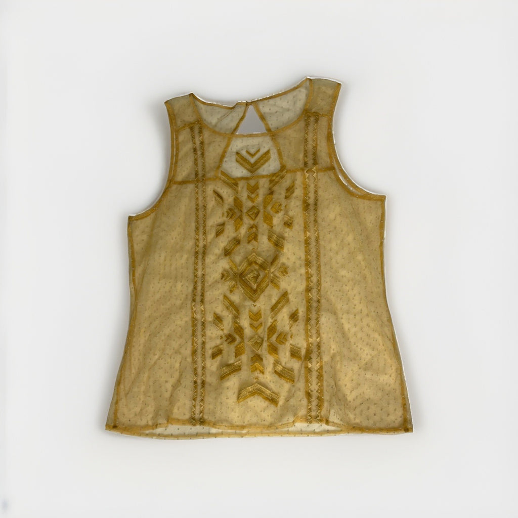Gorgeous Mustard Sheer Mesh Sleeveless Top with Southwestern