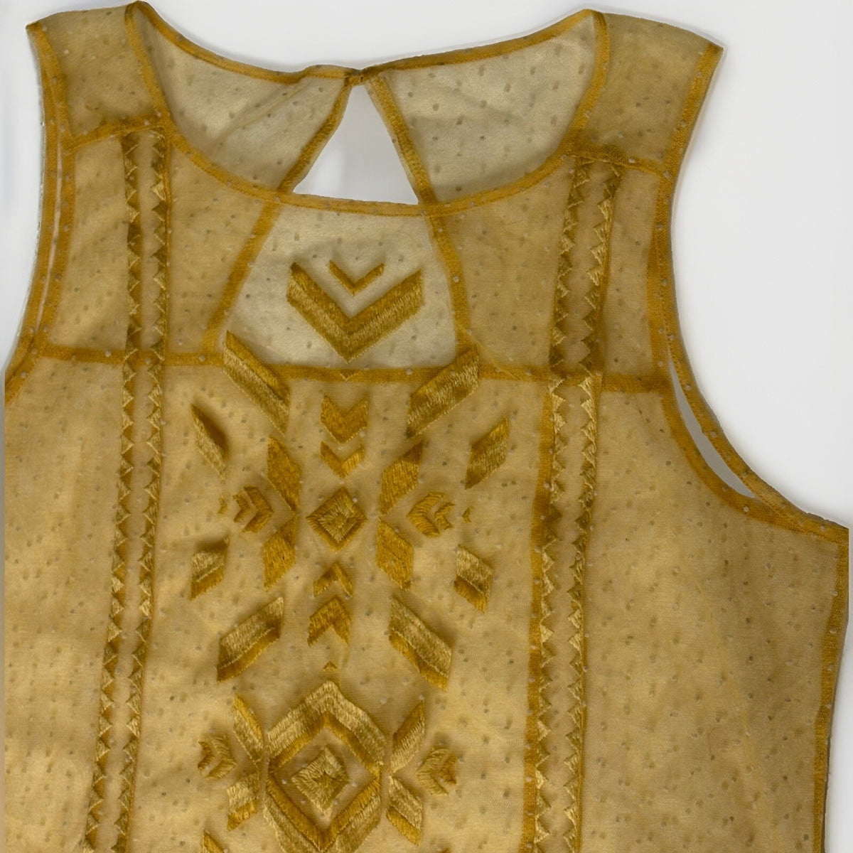 Gorgeous Mustard Sheer Mesh Sleeveless Top with Southwestern