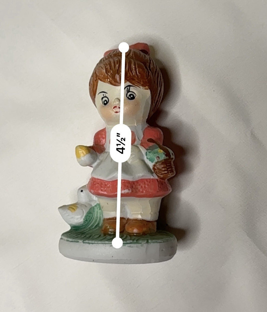 Vintage Mid-Century Hand-Painted Ceramic Girl with Flower Basket and Duck Figure