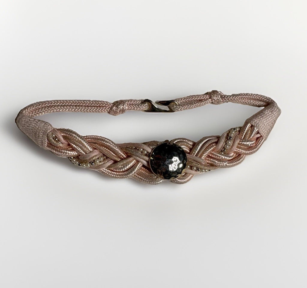 Vintage 80s Pink Braided Satin Belt with Faux Pearls & Gold-