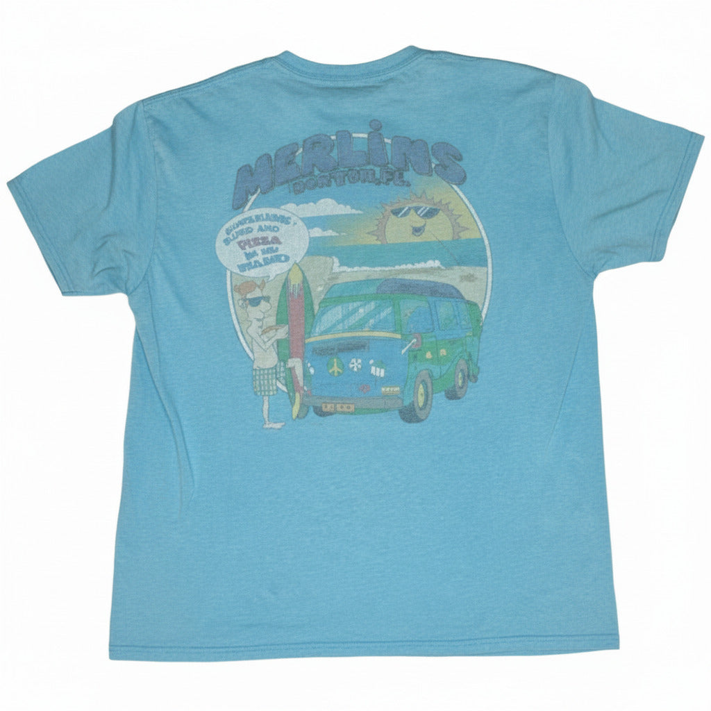 Vintage Blue Merlins Surf T-Shirt with Retro Van and Surfing