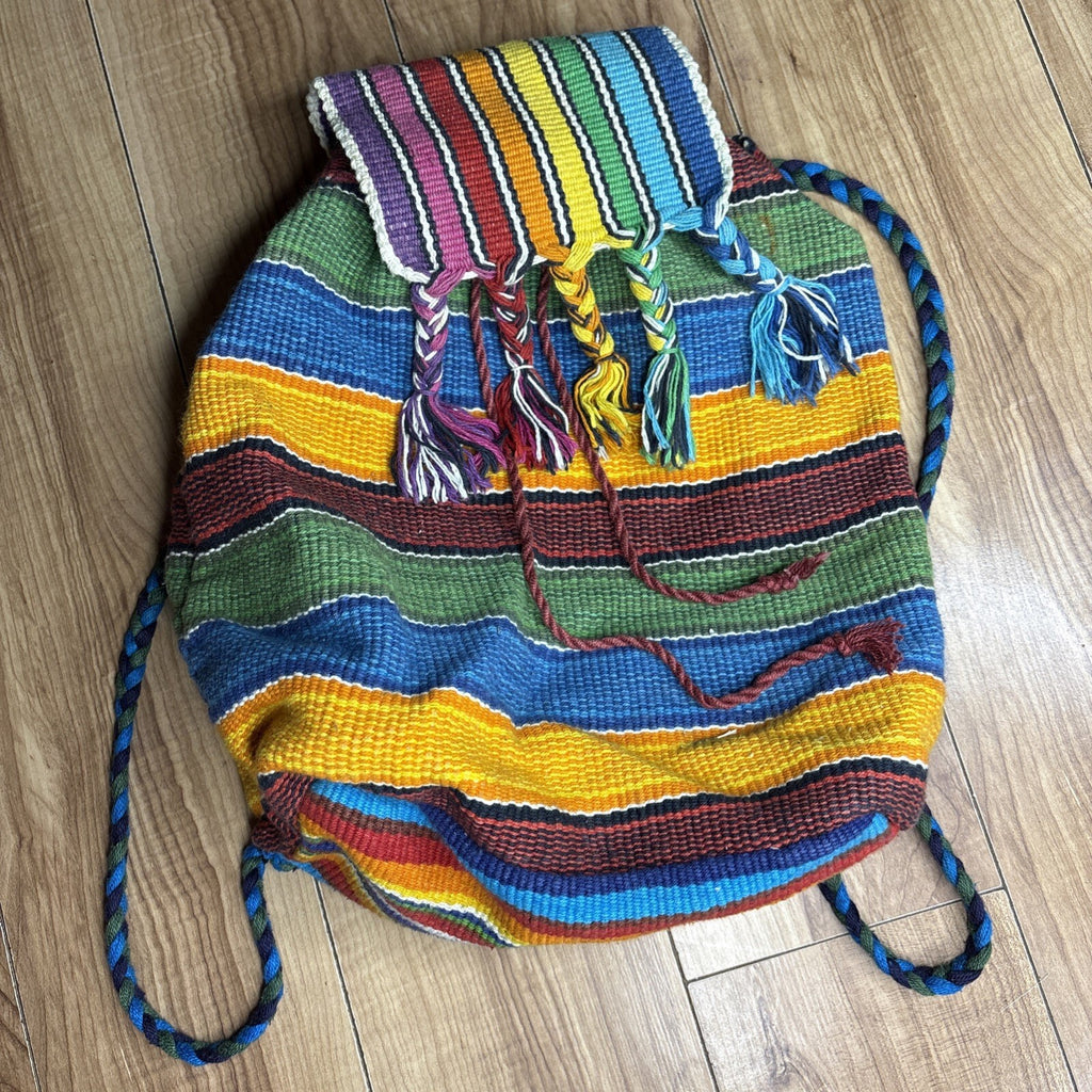 Handwoven Mexican Sarape Style Rainbow Drawstring Backpack