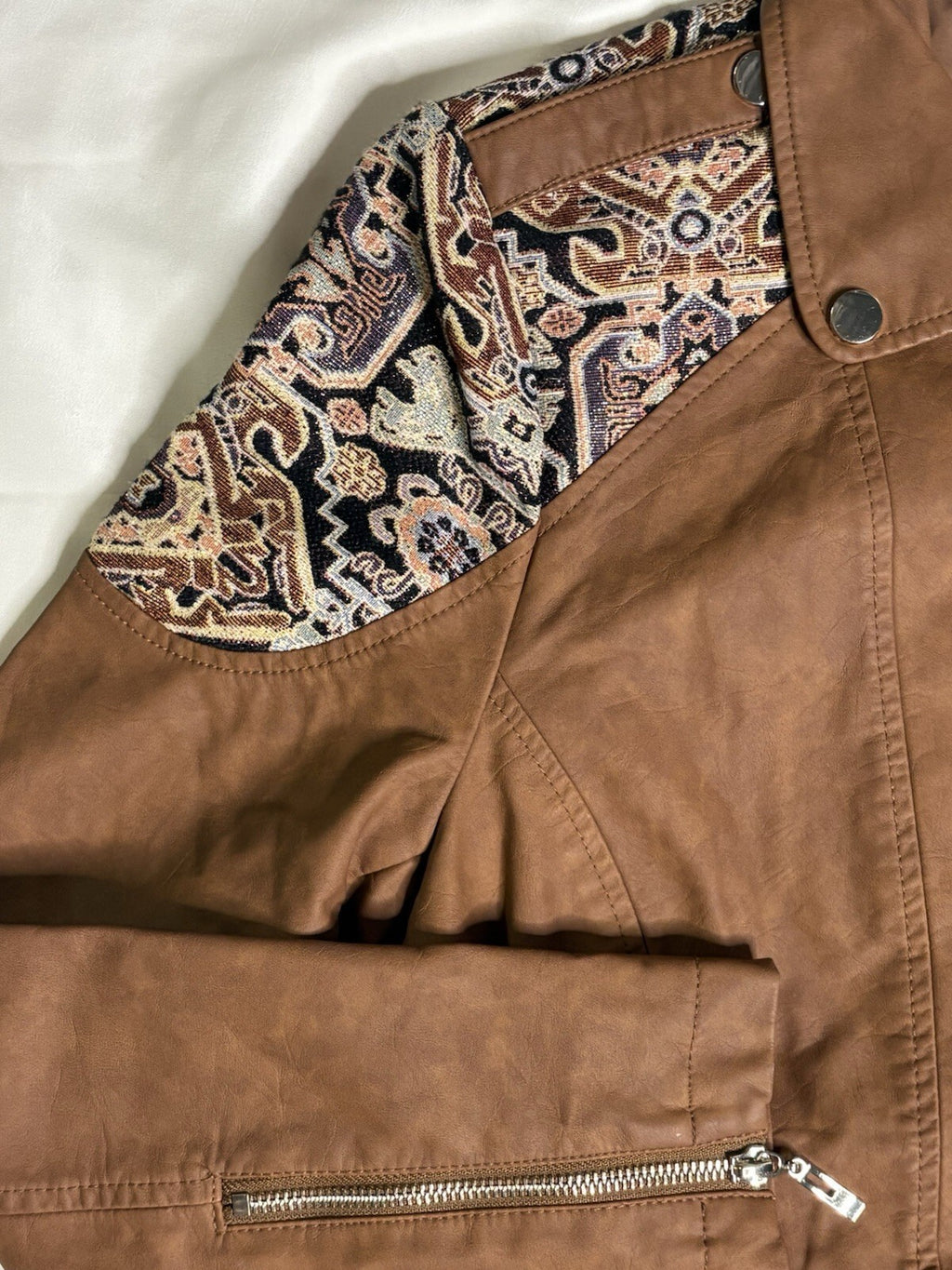 Chico's 1 Jacquard Moto Jacket Large Brown Faux Leather