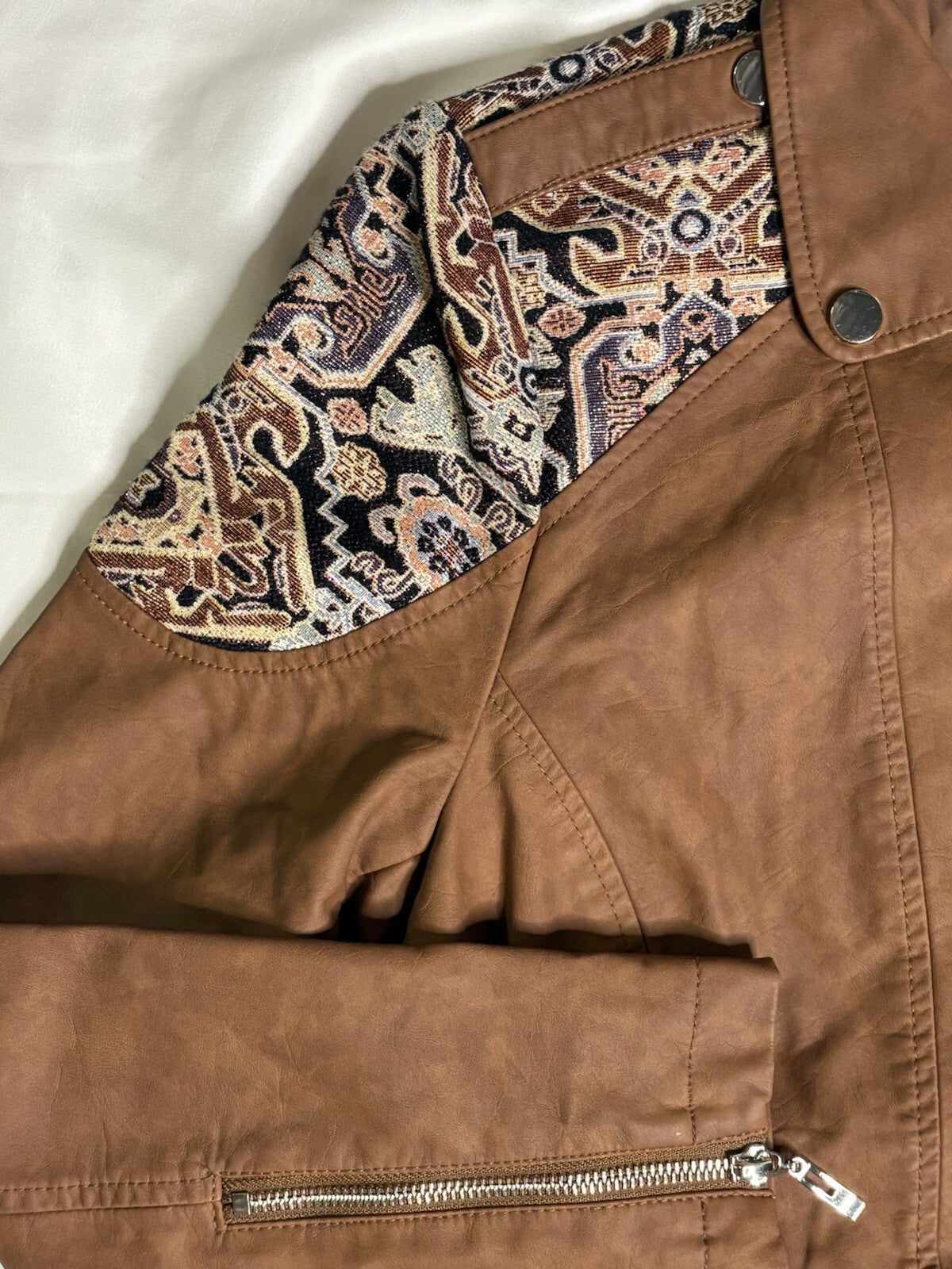 Chico's 1 Jacquard Moto Jacket Large Brown Faux Leather