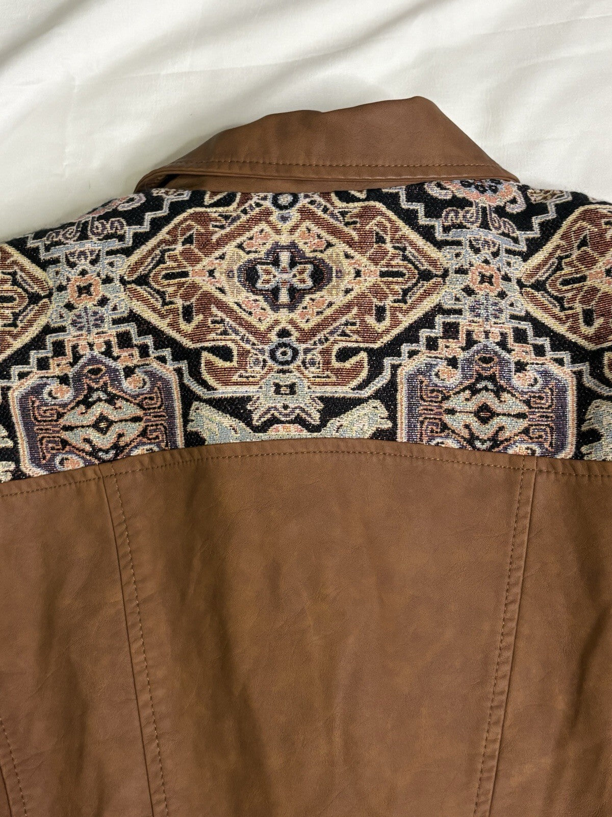 Chico's 1 Jacquard Moto Jacket Large Brown Faux Leather