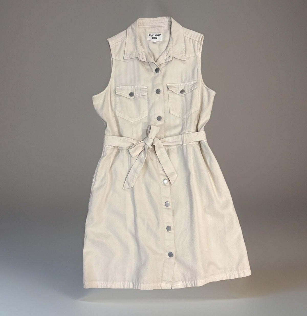Velvet Heart Cream Denim Sleeveless Shirt Dress with Belt -