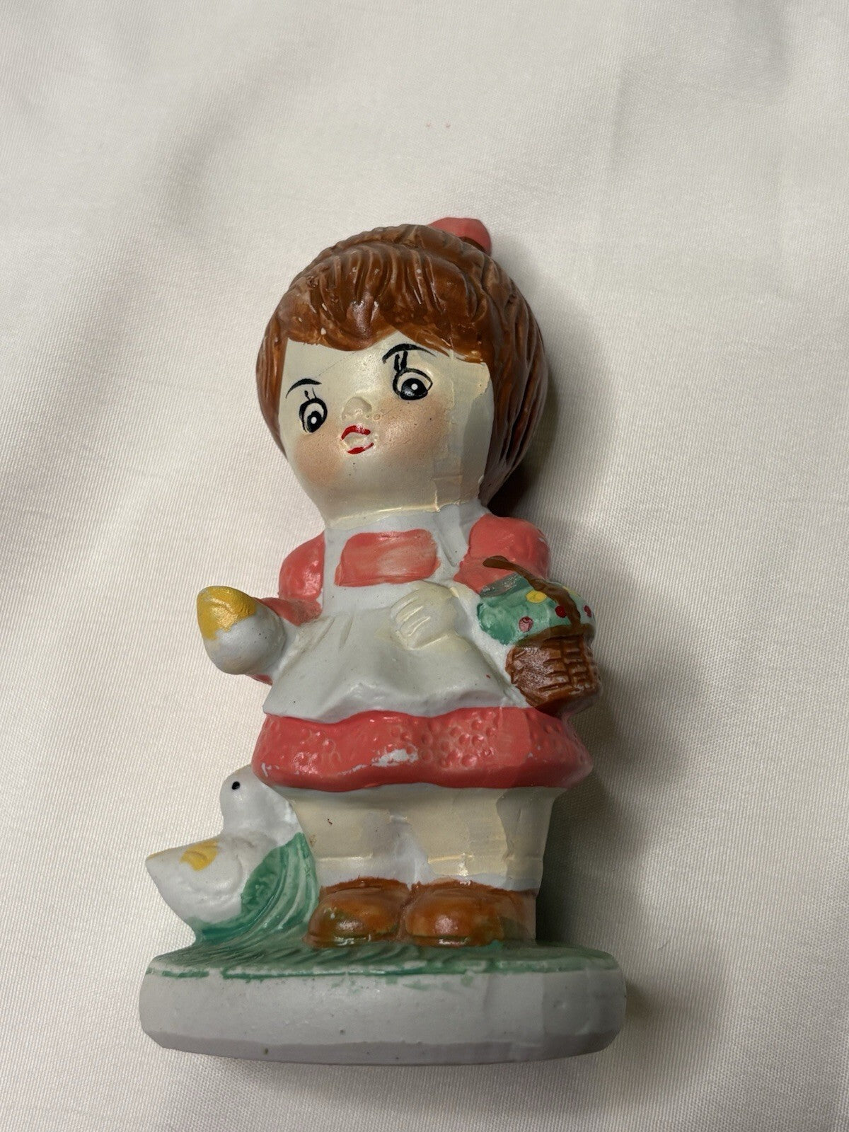 Vintage Mid-Century Hand-Painted Ceramic Girl with Flower Basket and Duck Figure