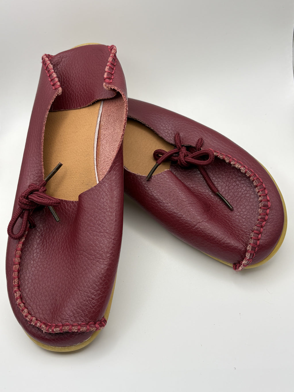 Cozy Burgundy Leather Moccasins with Handstitched Detailing