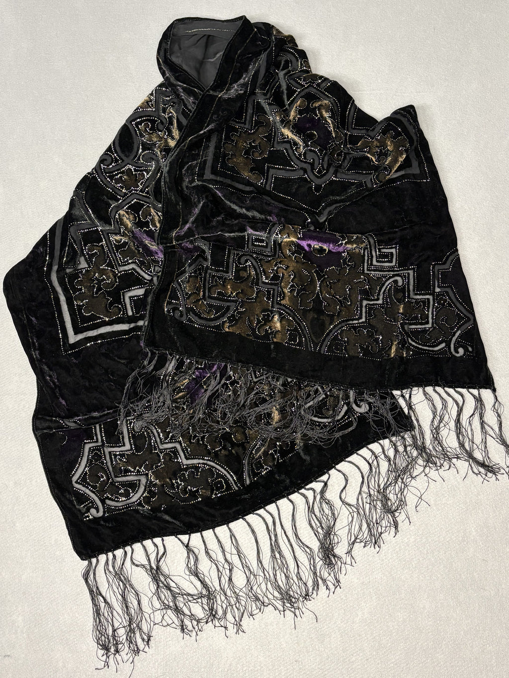Vintage 70s Embroidered Black Velvet Fringe Festival Scarf