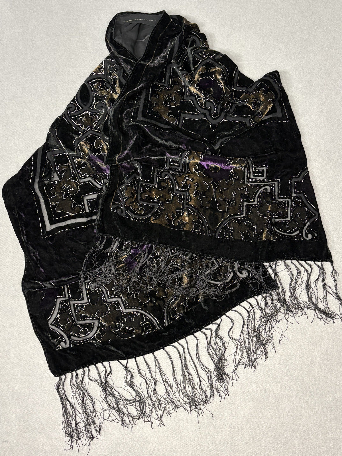 Vintage 70s Embroidered Black Velvet Fringe Festival Scarf