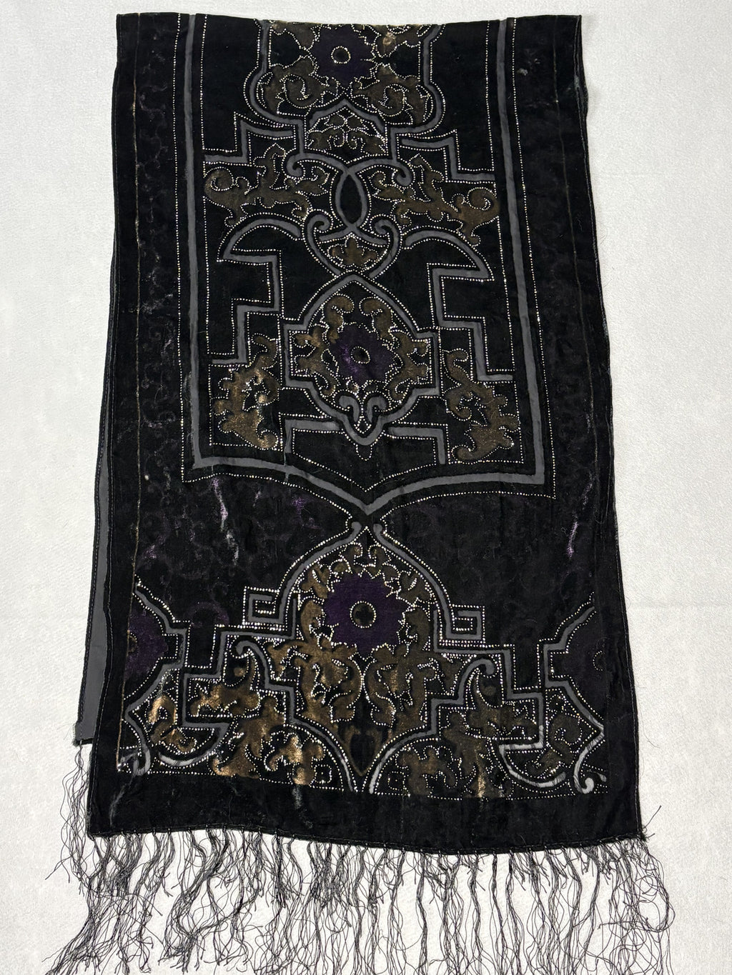 Vintage 70s Embroidered Black Velvet Fringe Festival Scarf