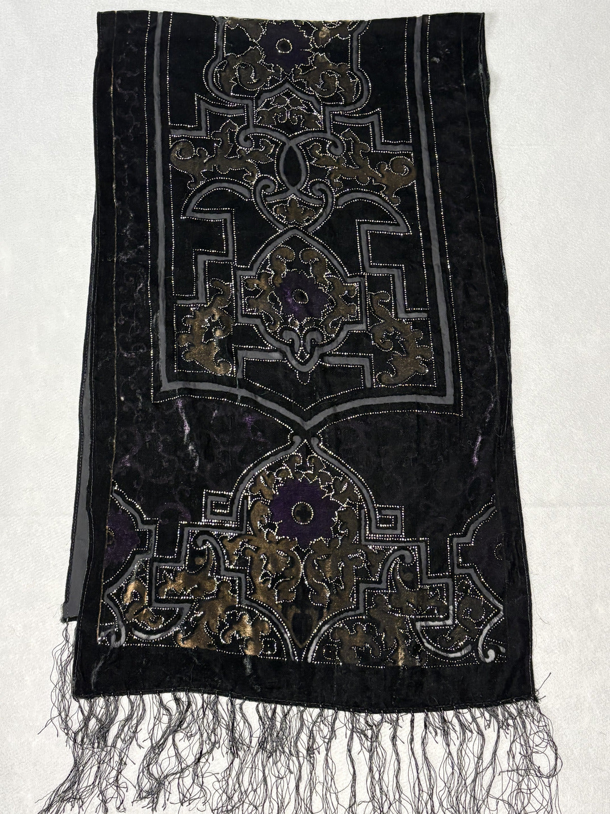 Vintage 70s Embroidered Black Velvet Fringe Festival Scarf