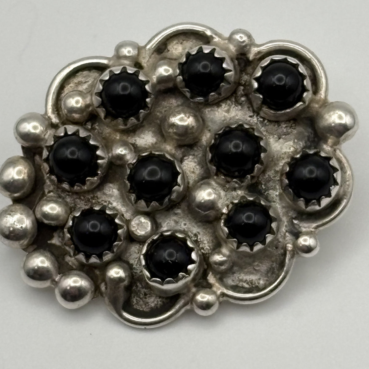 Vintage Navajo LT Sterling Silver Black Onyx Cluster Pin