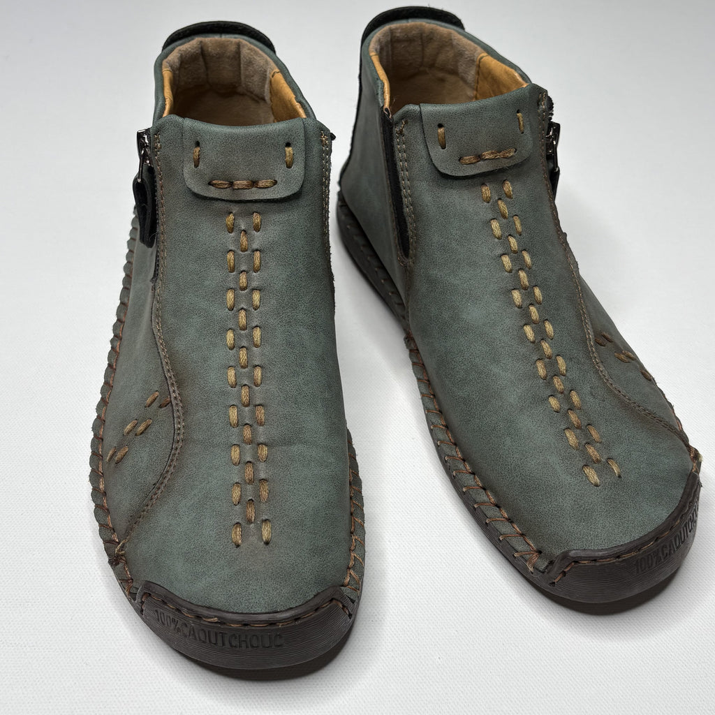 Unique Green Hand-Stitched Casual Ankle Boots with Side Zips