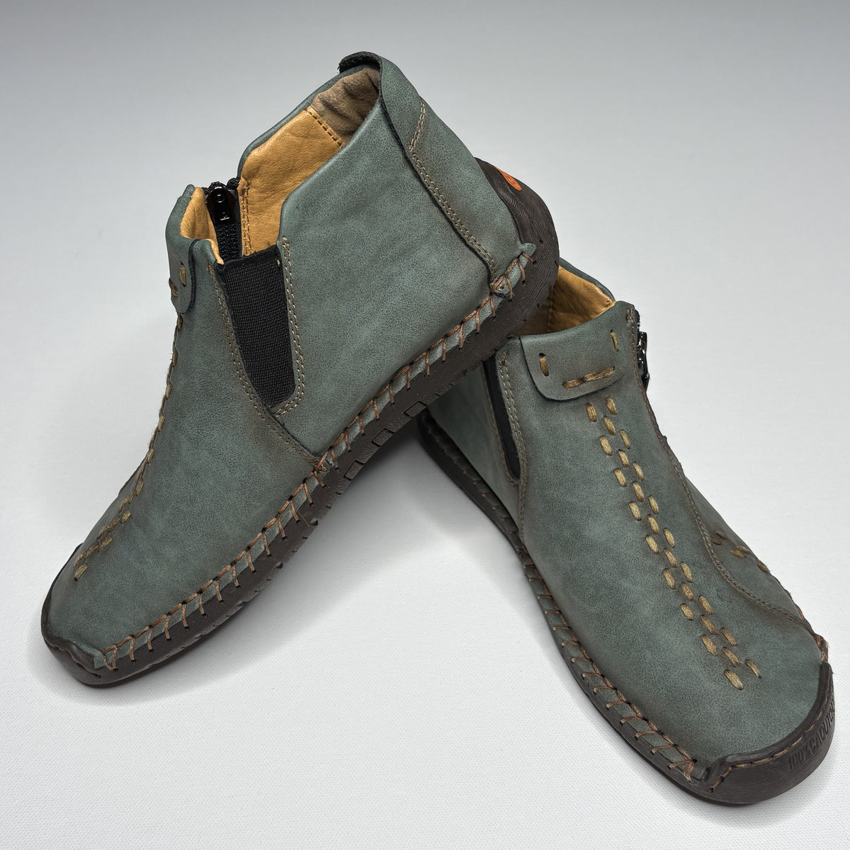 Unique Green Hand-Stitched Casual Ankle Boots with Side Zips