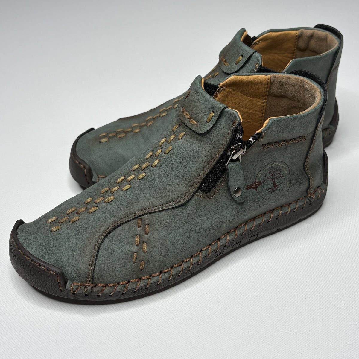 Unique Green Hand-Stitched Casual Ankle Boots with Side Zips