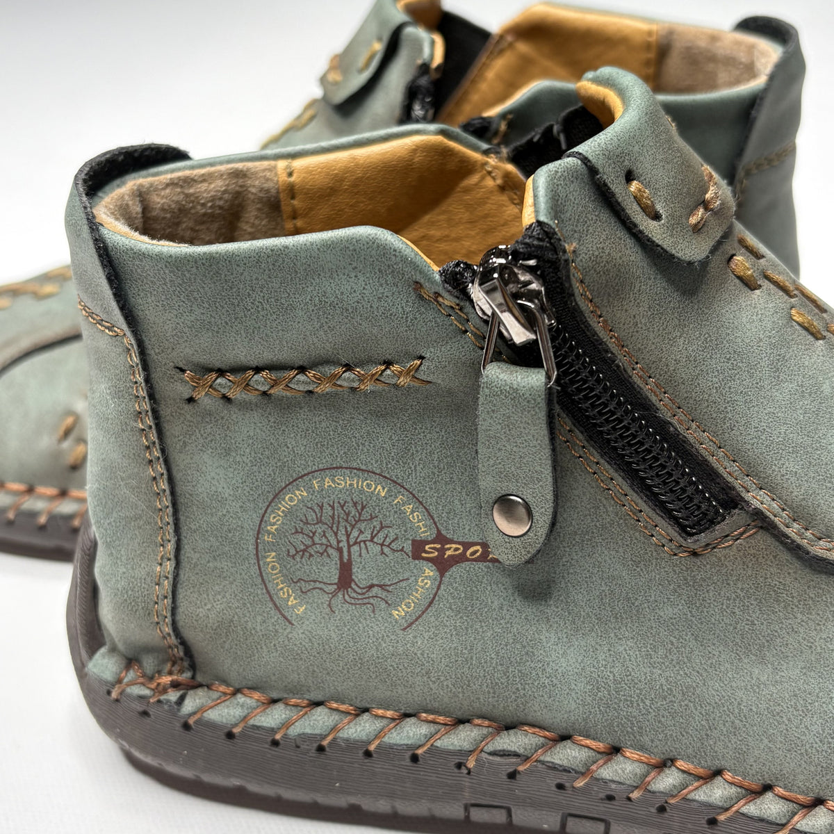 Unique Green Hand-Stitched Casual Ankle Boots with Side Zips