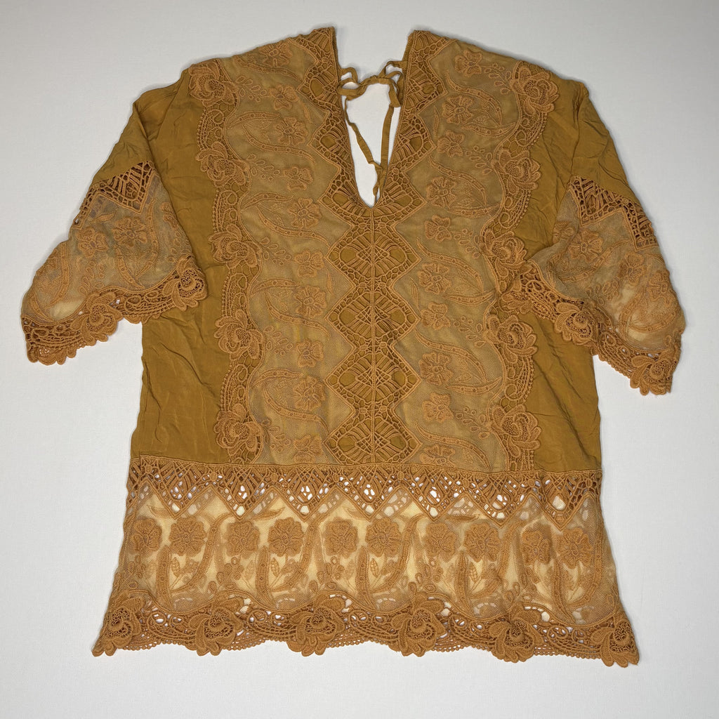 Mind Set by XCVI Women's Lace Detail Blouse Size S Mustard