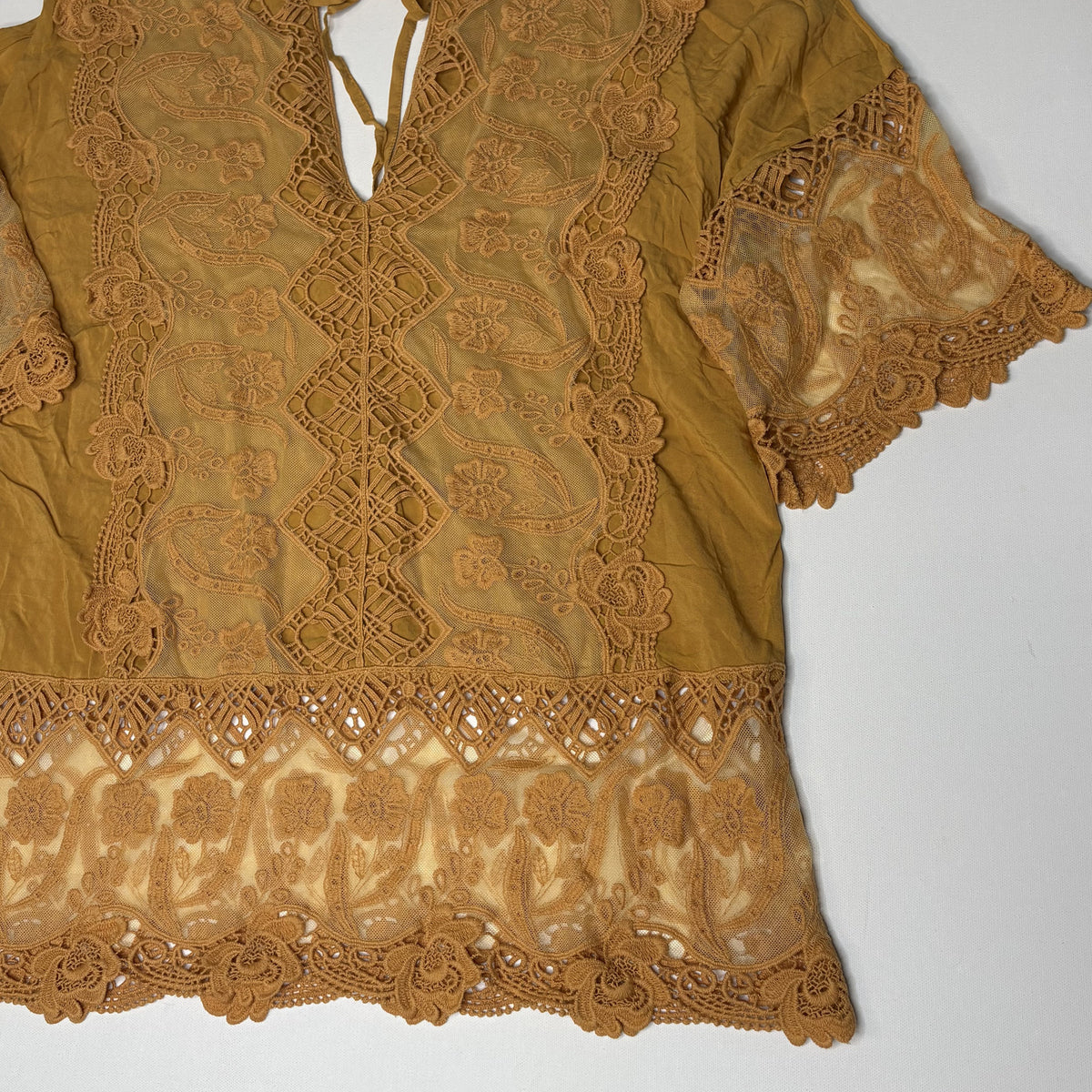Mind Set by XCVI Women's Lace Detail Blouse Size S Mustard