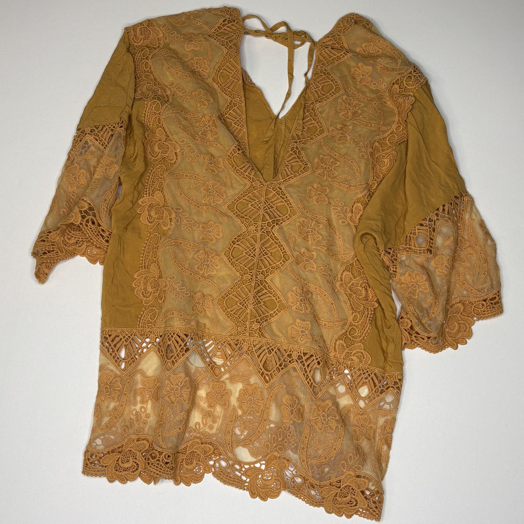 Mind Set by XCVI Women's Lace Detail Blouse Size S Mustard