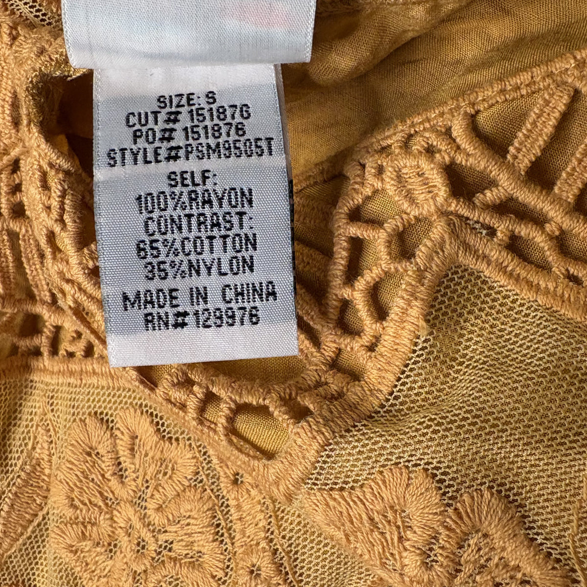 Mind Set by XCVI Women's Lace Detail Blouse Size S Mustard