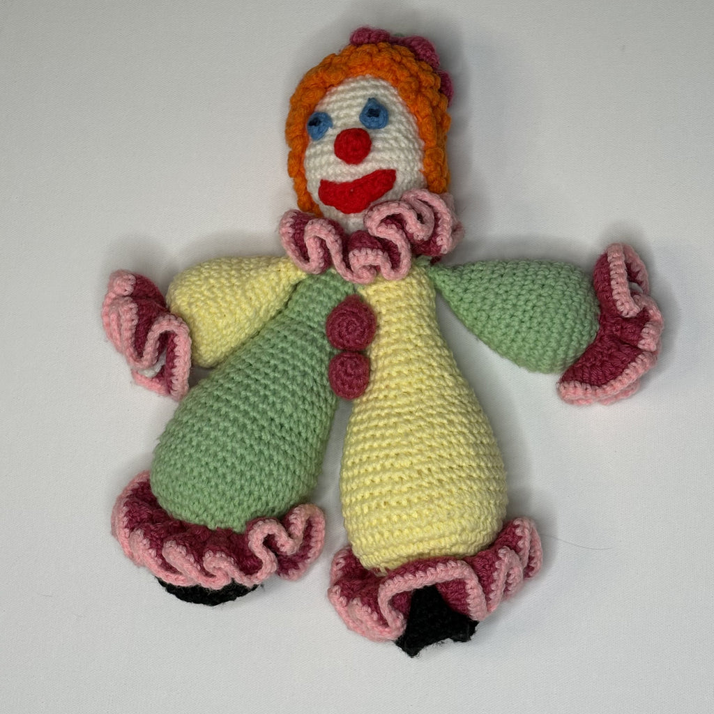 Vintage Handmade Crocheted Clown Doll 15” Yarn Plush Folk Art 1970s 1980s