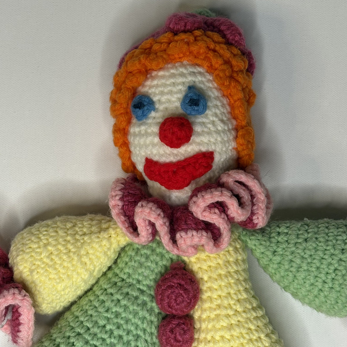 Vintage Handmade Crocheted Clown Doll 15” Yarn Plush Folk Art 1970s 1980s