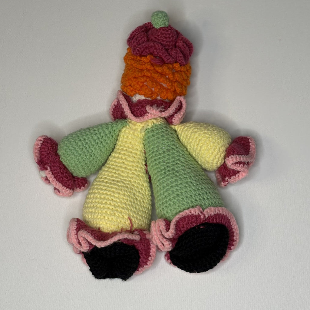 Vintage Handmade Crocheted Clown Doll 15” Yarn Plush Folk Art 1970s 1980s