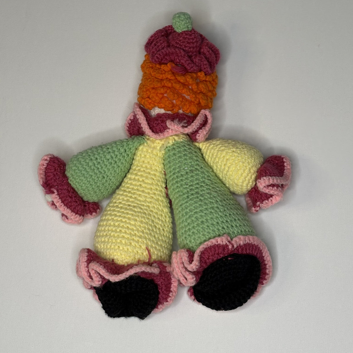 Vintage Handmade Crocheted Clown Doll 15” Yarn Plush Folk Art 1970s 1980s
