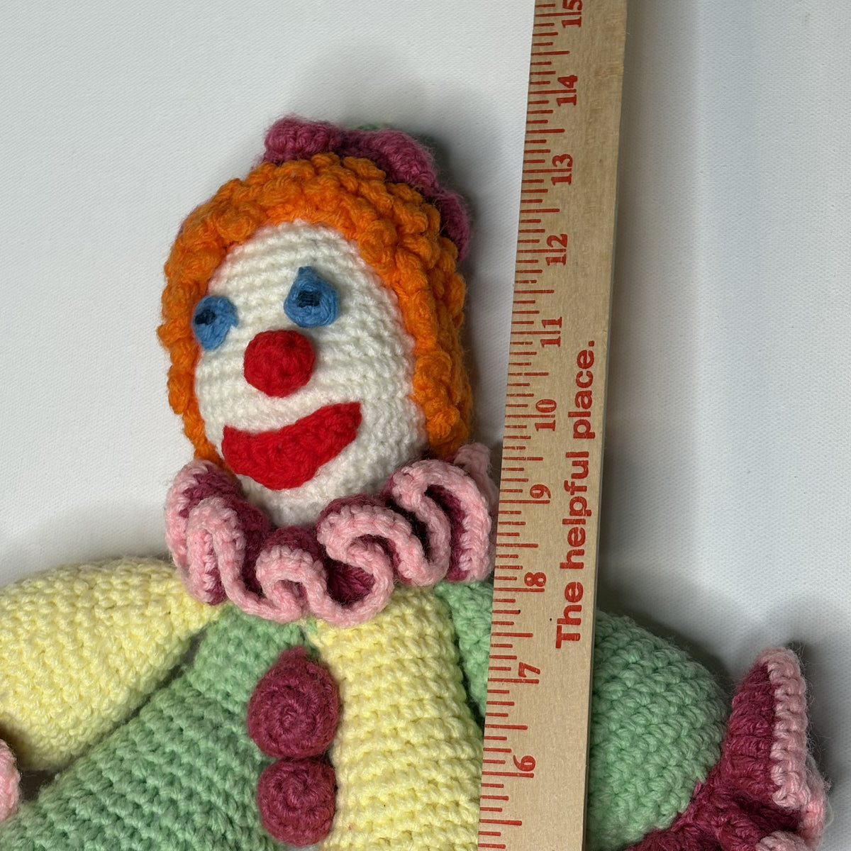 Vintage Handmade Crocheted Clown Doll 15” Yarn Plush Folk Art 1970s 1980s