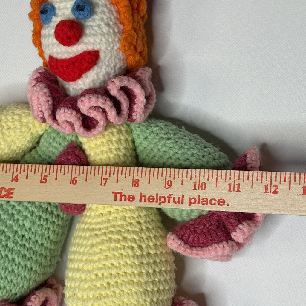 Vintage Handmade Crocheted Clown Doll 15” Yarn Plush Folk Art 1970s 1980s