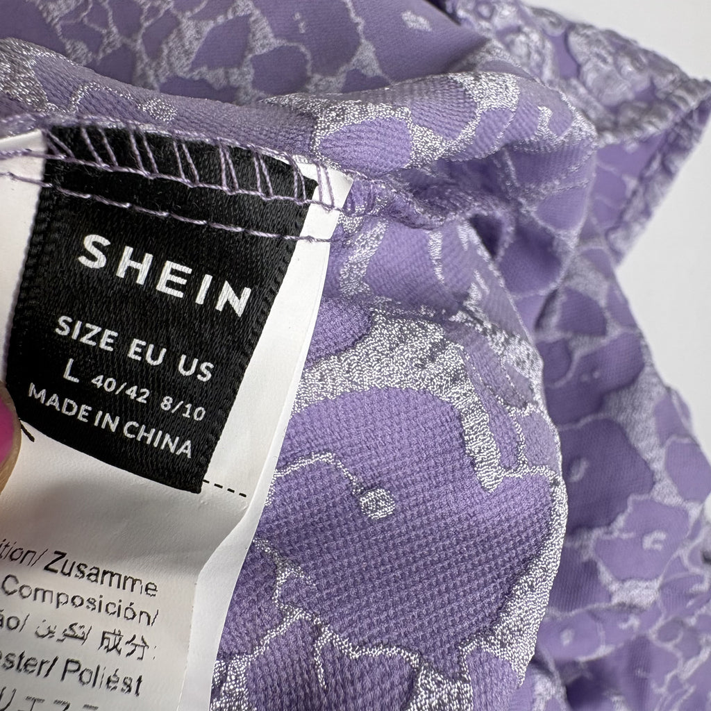 SHEIN Purple Metallic Jacquard Puff Sleeve Dress Size L