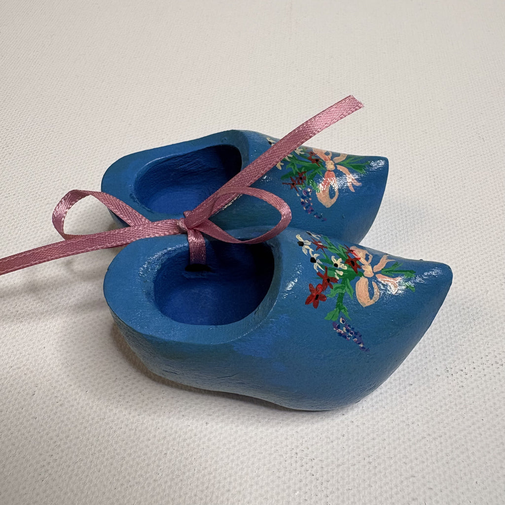 Mini Vintage Hand Painted Blue Wooden Clogs Dutch Folk Art