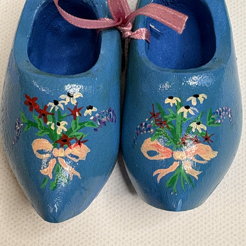 Mini Vintage Hand Painted Blue Wooden Clogs Dutch Folk Art