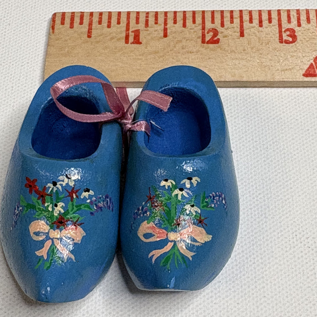 Mini Vintage Hand Painted Blue Wooden Clogs Dutch Folk Art