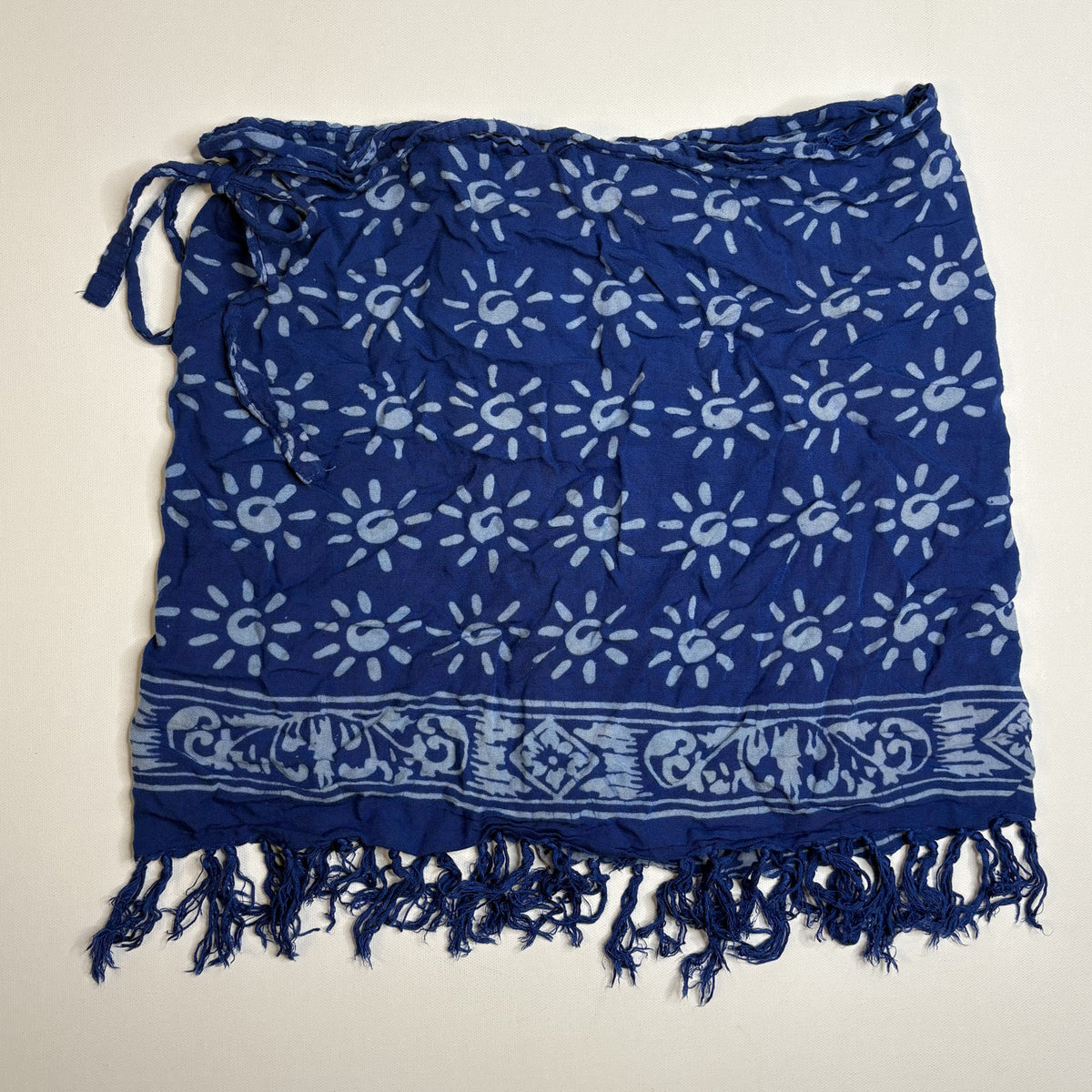 Vintage Blue Batik Floral Print Fringe Hem Rayon Wrap Skirt