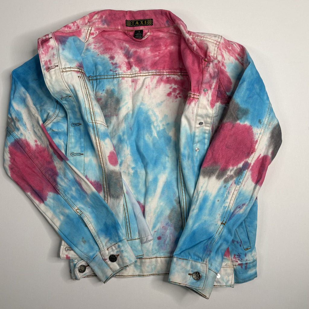 Vintage TAXI Tie Dye Denim Trucker Jacket Pink Blue S