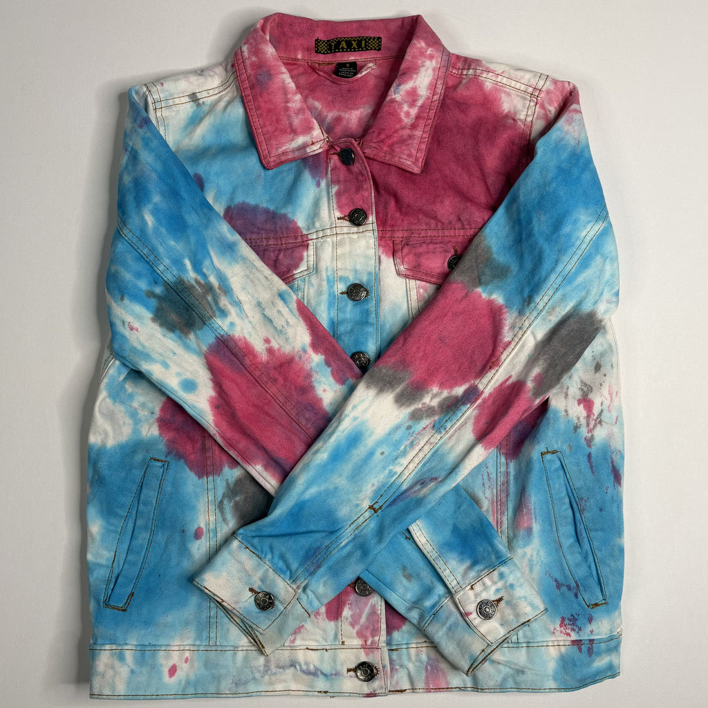 Vintage TAXI Tie Dye Denim Trucker Jacket Pink Blue S