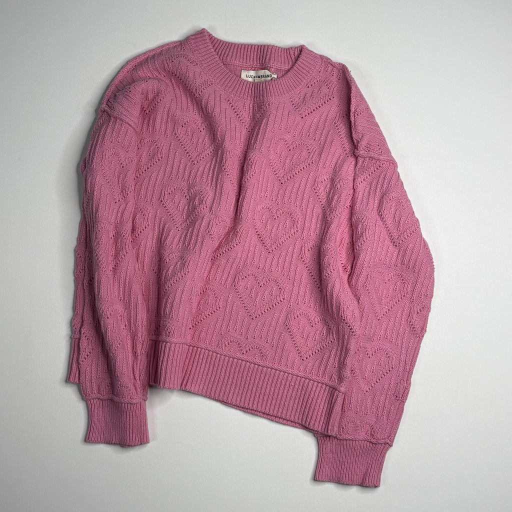 Lucky Brand Pink Heart Cable Knit Crewneck Sweater S